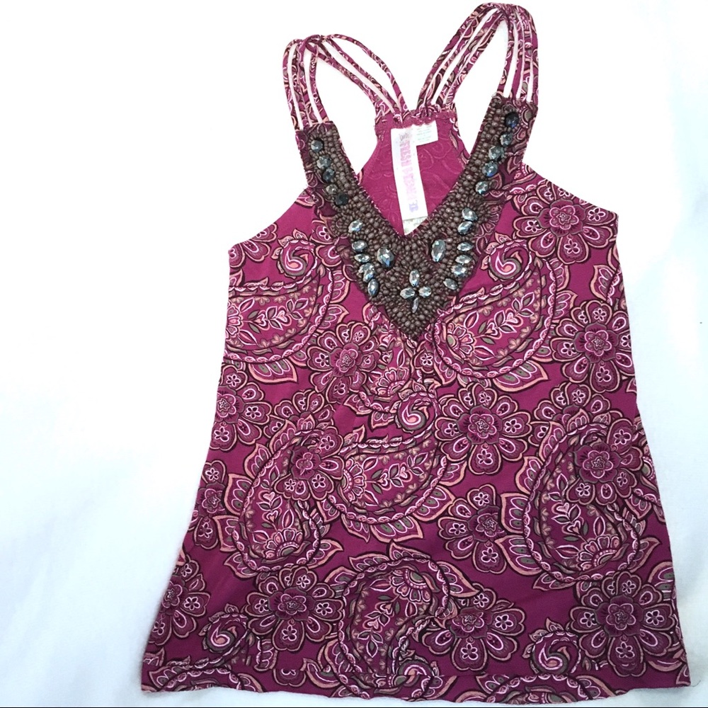 Boho Print Razorback Top w/ Beaded Yoke XSmall